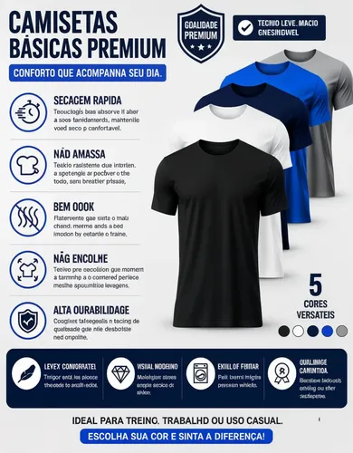 Kit 5 Camisetas Básicas Masculina Dry Fit Lisa Tradicional