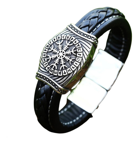 Pulseira De Couro Preto Viking Nórdico Com Detalhes Em Aço