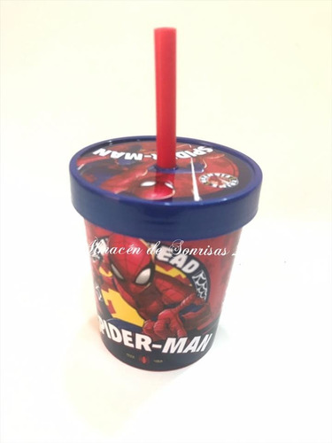 Vaso Pote Plastico De Helado Con Tapa Y Sorbete Spiderman Color Azul