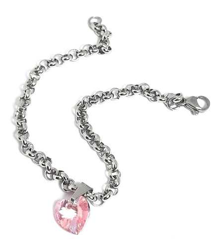 Dije Corazon Cristal Facetado 10mm Con Pulsera En Acero