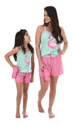 Imagem 1 de 6 de Kit Pijama De Verão Short E Camiseta Mãe E Filha Flamingo