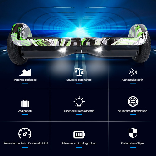 Hoverboard Patineta Eléctrica Bluetooth Luces Led Música Color Verde Modelo 07