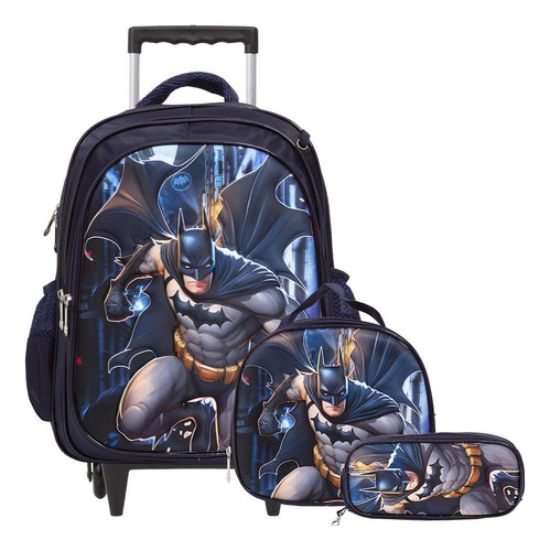 Kit Mochila Infantil Menino Batman Rodinha 3d Com Lancheira