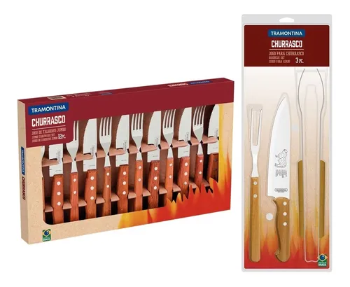 Kit Churrasco 15 Peças Inox Garfos Facas Pegador Tramontina