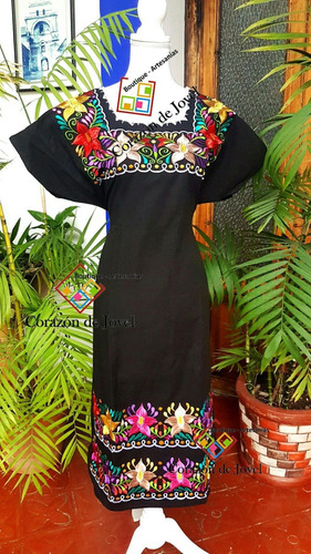 Vestido Mediano Artesanal/negro Largo Bordado De Chiapas