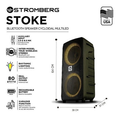 Imagen 4 de 4 de Parlante 8 Pulgadas Potenciado Portatil Stromberg Stoke Cuo