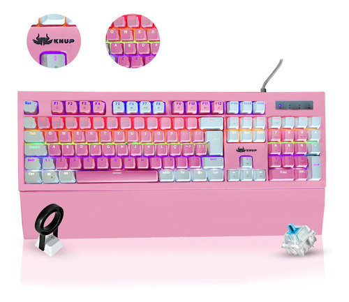 Teclado Gamer Mecanico Abnt2 Led Rgb Pc Apoio Pulso Branco Cor de teclado Rosa Idioma Português Brasil