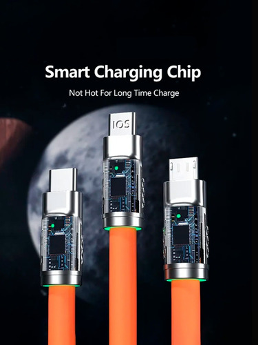 Cable 3 En 1 Para Iphone Tipo C Y Micro Usb 120w 1.2m Naranja