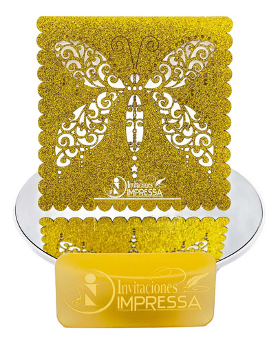 10 Sobres Invitación Corte Laser Glitter Laserfly 15x15 Dorado Amarillo