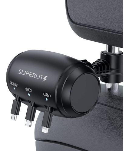 Superlit Headrest 3 In 1  Charger | Retractable Cord Car Ch.