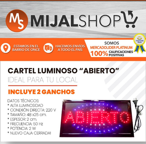 Abierto Cartel Luminoso Led 48 X 25cm Oferta Especial Cuotas