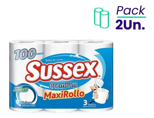 Rollos De Cocina Premium Doble Sussex 3x100 Paños Pack X2