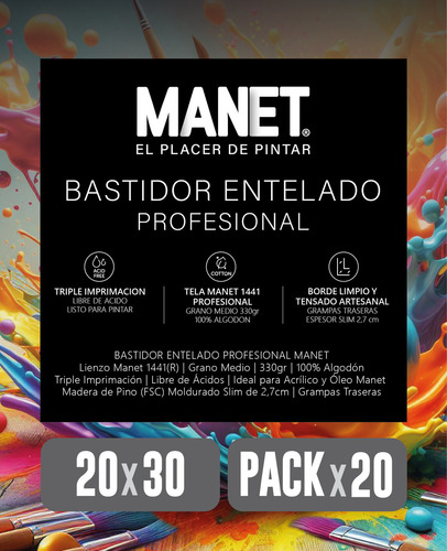 Bastidor Entelado Lienzo Acrilico Oleo Manet 20x30 Slim X 20