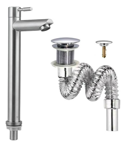 Kit Grifería Lavamanos Alta Agua Fría Inox+desague Push Flex