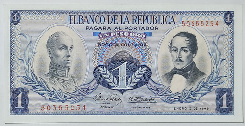 Billete 1 Peso 02/ene/1969 Colombia Au