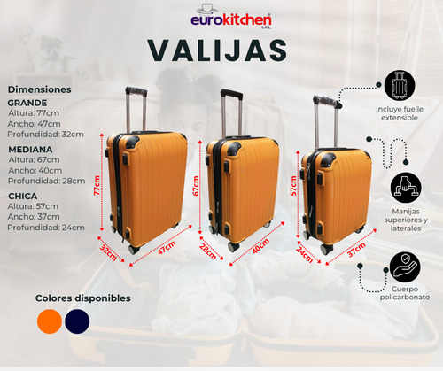 Set Valijas Eurokitchen Rígidas X3 Equipaje Premium Naranja Rayas