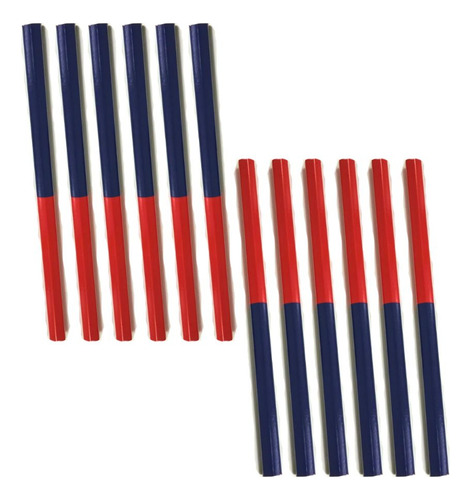 12 Pzs Lápiz Bicolor Azul Y Rojo Hexagonal Grueso