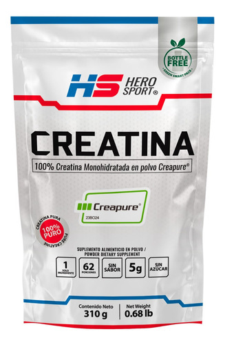 Hero Sport Creatina Monohidratada Creapure 310g 62 Porciones Sabor Sin sabor