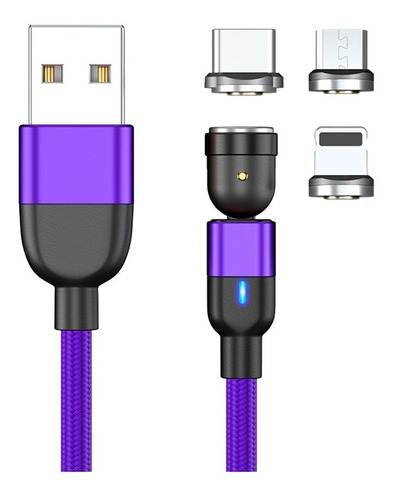 Cable Usb 3en1 Magnético Carga Rápida+ Datos+ Giratorio540° Color Morado 2m