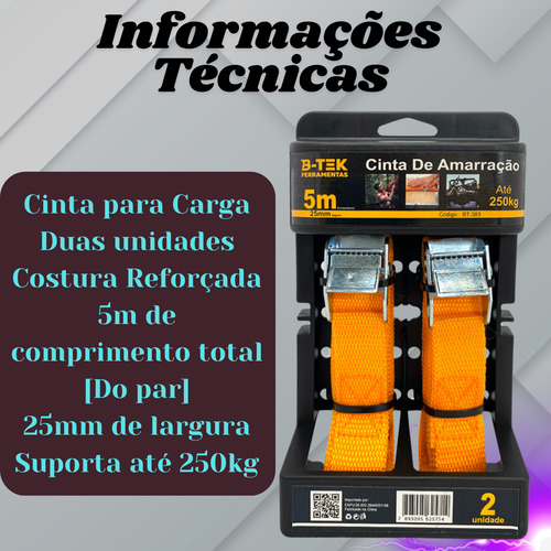 Cinta Amarração De Carga 2,5m Cada Total 5m Até 250kl Carga. Laranja-claro