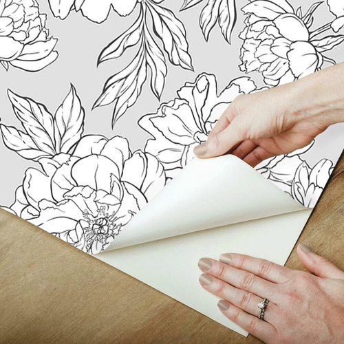 Vinil Flores Para Pared Hogar Tapiz Moderno Fácil Aplicación Color Gris / Blanco