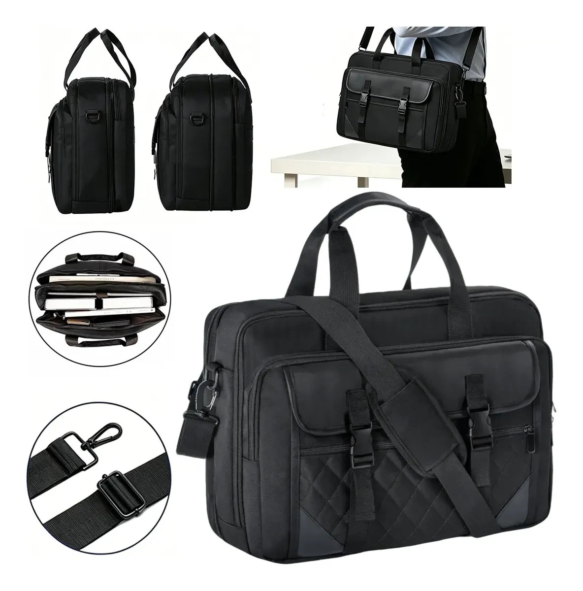 Maletín para Laptop de 17" con Asa de Cuero Suave, Protección Acolchada y Expandible en Nailon Negro Bordado para Negocios
