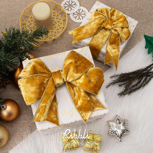 Liston De Terciopelo Alambre Dorado Metalico Navideño