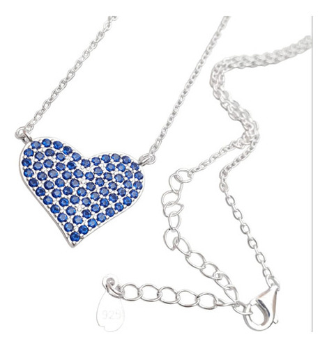 Collar Plata 925 Cadena Corazon Cubic Micropave Azul Coll1 