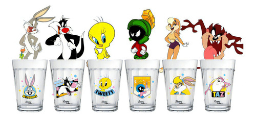 Jogo De 6 Copos Vidro Suco Americano Looney Tunes Oficial