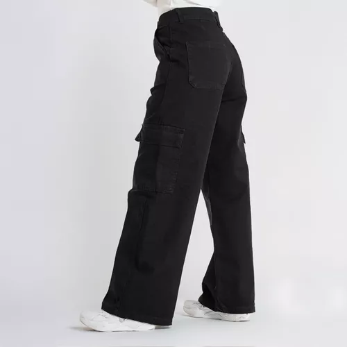 Pantalón Jean Cargo Mujer Ancho Tiro Medio Wide Leg