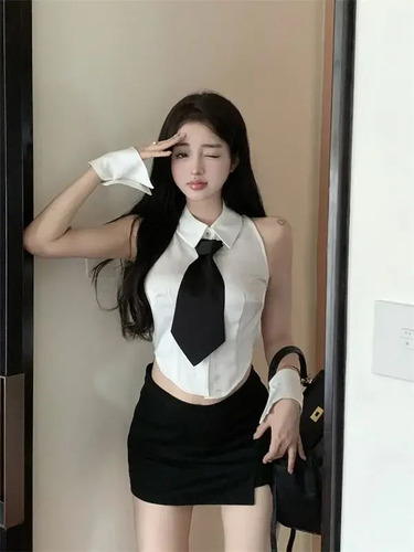 Top Corto Sin Mangas Para Mujer Con Corbata Y Mangas