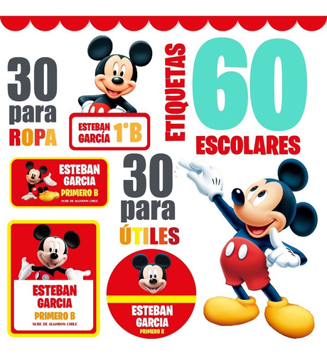 Etiquetas Marcar Ropa Y Utiles Escolares Mickey 