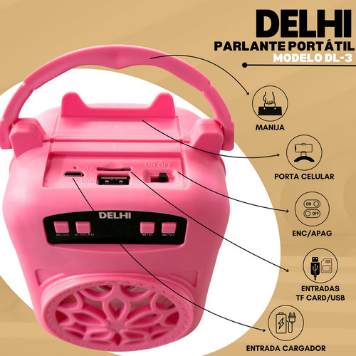 Parlante Portatil Delhi Inalambrico Bluetooth 500w 3 PuLG Color Rosa