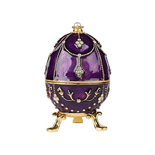 Huevo Fabergé Pintado Mano Morado, Figurita Caja Joyer...