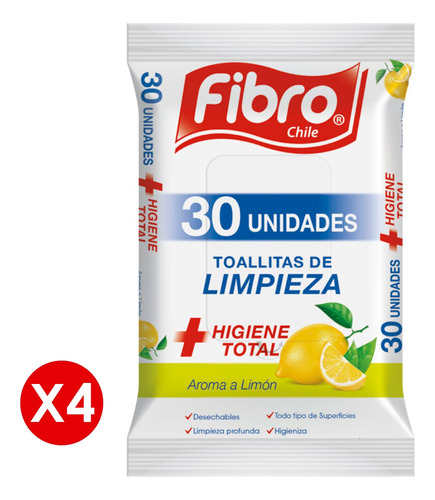 Fibro Pack 4 Toallitas Wipes Pouch Limon 30 Un