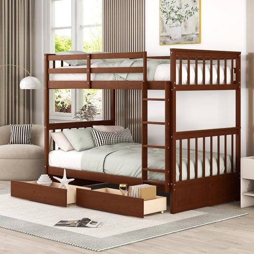 Litera Convertible Escaleras Cajones Madera Nogal Merax