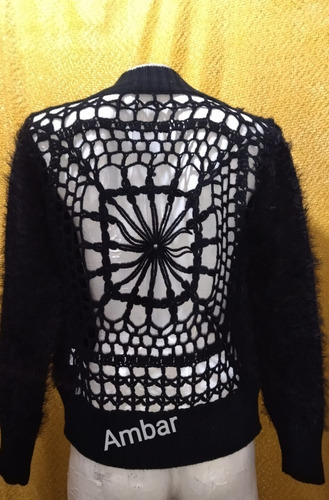 Saco Guapa Negro Chenille Peludo Espalda Calada En Crochet