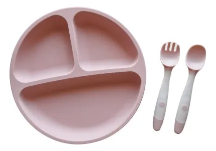 Set Plato + Cubiertos Silicona Bebe Con Ventosa Rosa Pálido Lisa Liso