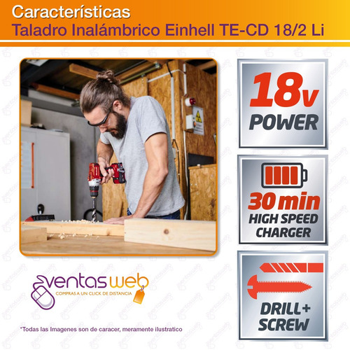 Imagen 3 de 7 de Taladro Atornillador Inalambrico Einhell 2 Baterias + Puntas
