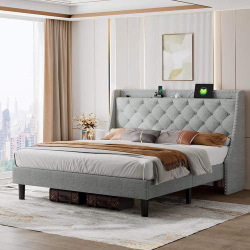 Base De Cama Ipormis King Size Con Puerto Usb Gris Claro