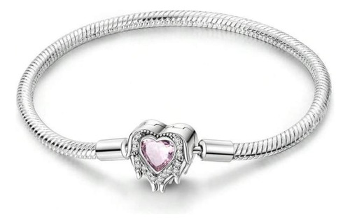 Pulsera Para Charms Plata Real S925, Corazón Rosa, Brazalete