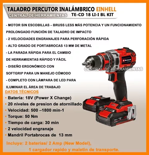 Taladro Percutor Brushless 13mm Einhell Bateria 4 Amp Puntas