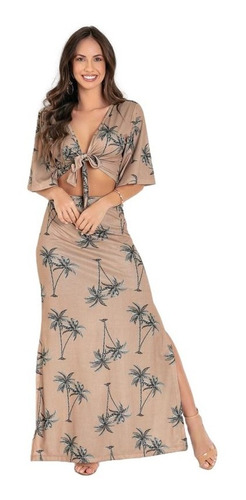 Imagem 1 de 3 de Conjunto Saia Cintura Alta Fenda + Blusa Cropped Amarrração