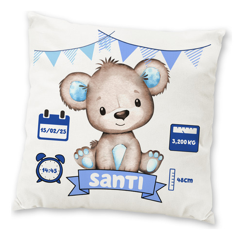 Almohadón Personalizado Datos Del Nacimiento Bebe Bautismo Blanco Osito Azul