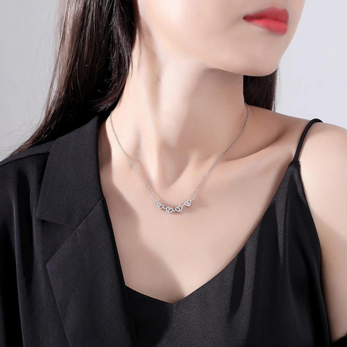 Collar Doble Vista Plata Dije Corazónes Trébol Y Circonias