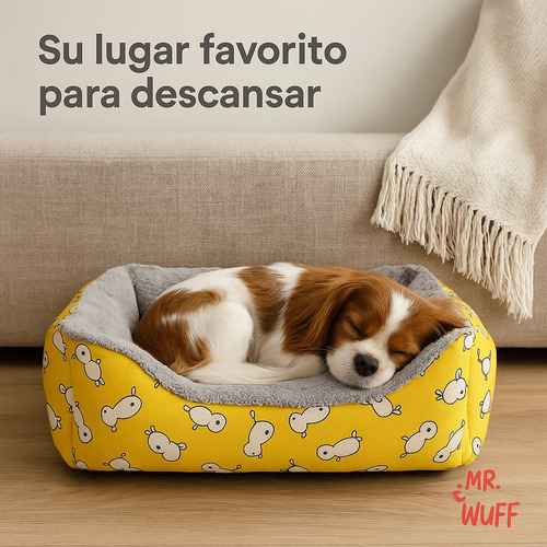 Cama Para Perro Gato Rectangular Acolchonada Mr Wuff Tallas Amarillo Con Gris 55x45