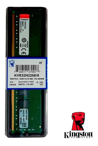 Imagen 1 de 4 de Memoria Ram 8gb Para Pc Ddr4 3200 Mhz Kingston