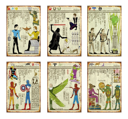 Carteles Metalicos Pack 6 Placas Superheroes En Egipto 20x30