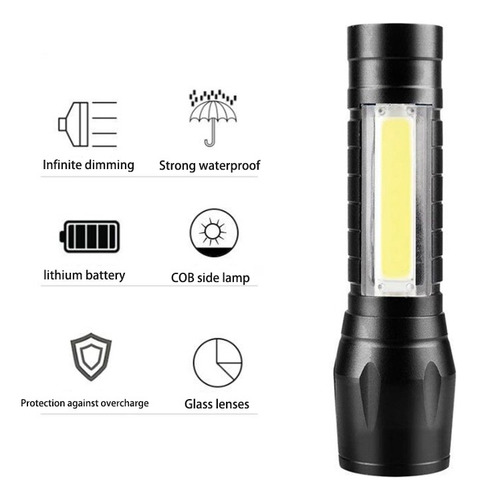 Linterna Led Portátil Con Zoom, Luz Lateral Cob, Luz Imperme