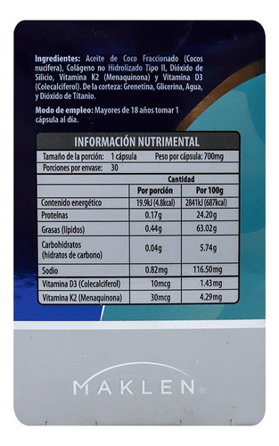 Colágeno No Hidrolizado Tipo Ii Caja C/30 Cáps De 700mg C/u Sabor Sin Sabor
